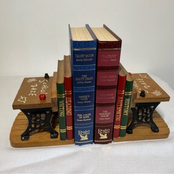 Vintage School Daze Enesco Cast Iron Wood BOOK ENDS Vintage 1970s Pair Teacher - Picture 4 of 10